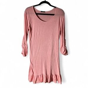 Made in Italy Pink Ruffle Hem Tunic Top Lagenlook 3/4 Sleeve Mini Dress Cotton